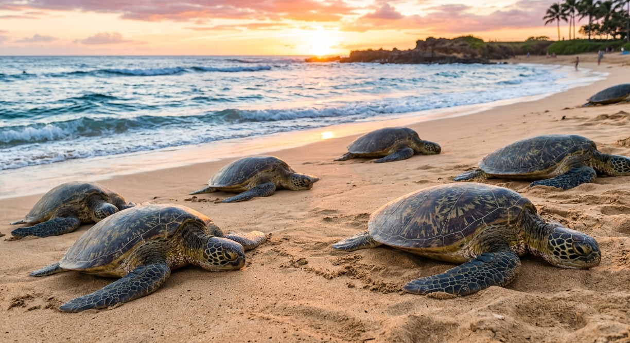 Poipu Beach Kauai sea turtles basking on sand
