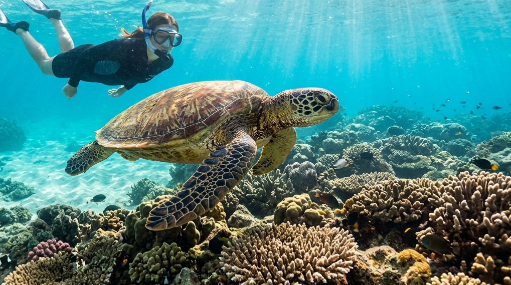 Snorkeling with sea turtles at Anini Beach Kauai
