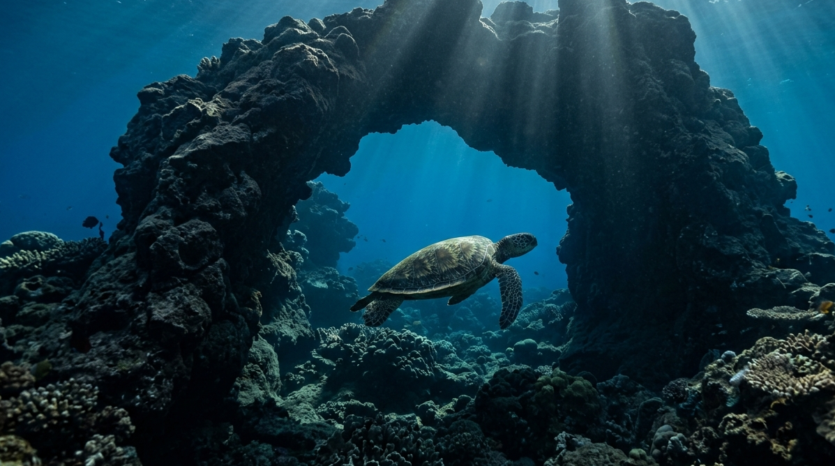 Tunnels Beach Kauai sea turtle underwater lava tubes