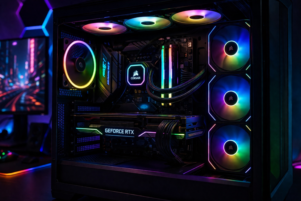 ultrawide gaming monitor setup RGB desk 2026 immersive PC gaming