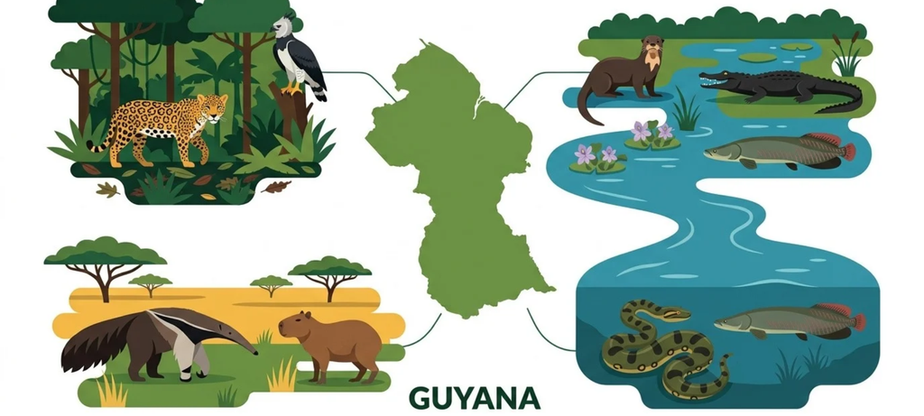 Iconic Guyana wildlife infographic featuring jaguar giant otter anteater harpy eagle caiman anaconda arapaima and capybara
