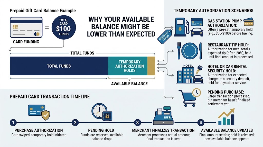 Amex gift card available balance infographic explaining pending holds and temporary authorizations